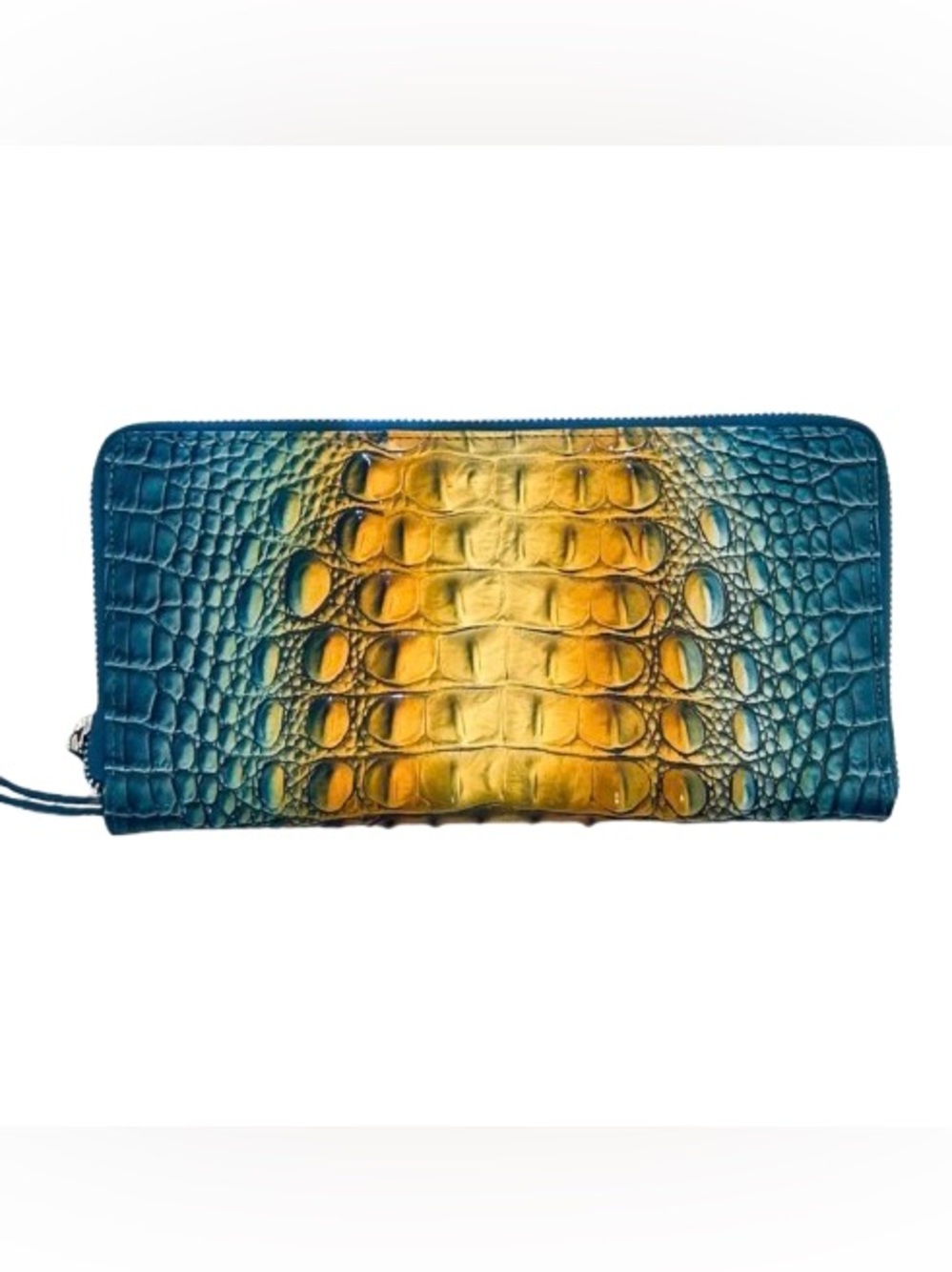 NEW BRAHMIN WRISLET ALLIGATOR BLUE YELLOW DESIGNER CROCODILE BERMUDA PURSE